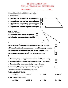 Đề khảo sát môn Toán Lớp 4 - Tuần 9+10 - Trường TH Xuân Thượng